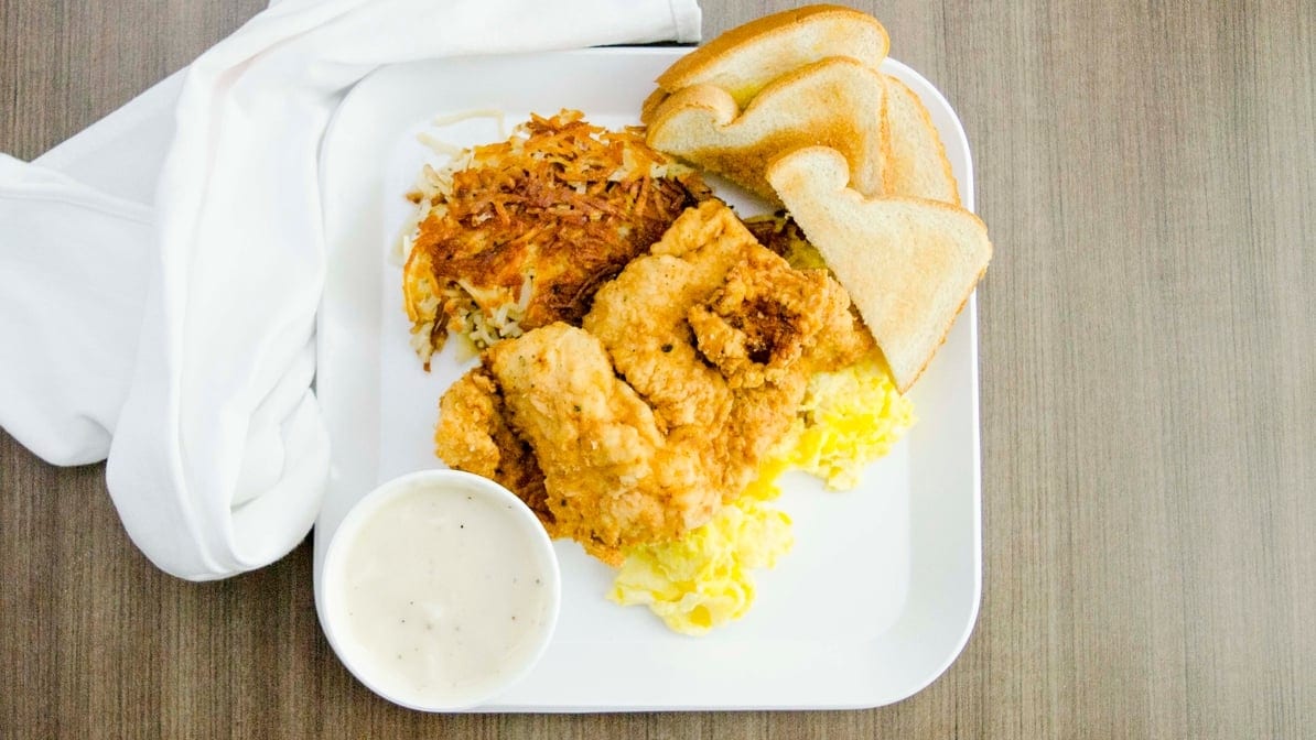 Chicken Fried Chicken with 2 Eggs.